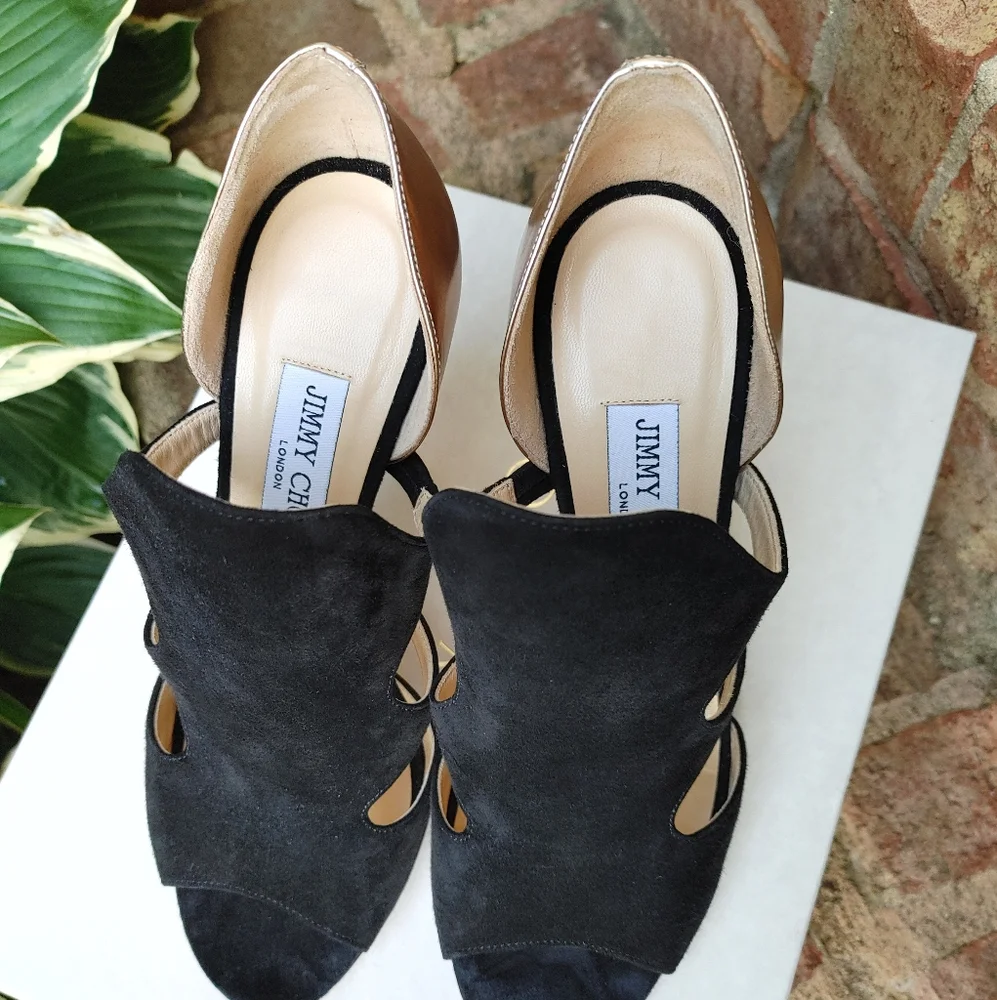 Jimmy Choo Tarine WITH BOX Suede Cutout Bootie Sandal, Black/Mirrored Nude 38.5 - Picture 9 of 16